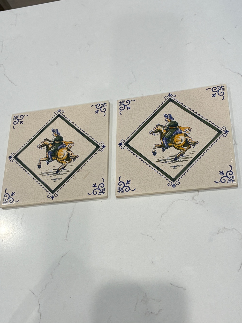 Antique/Vintage Villeroy Mettlach Equestrian Themed Ceramic Tile Trivet Pair